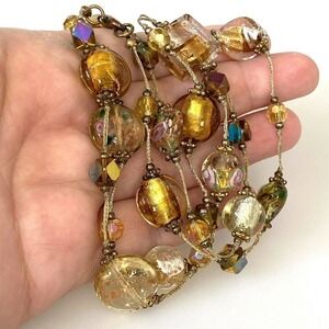 Necklace Amber Floral Lampwork Glass Beaded Necklace Pretty Bohemian Chic 30”